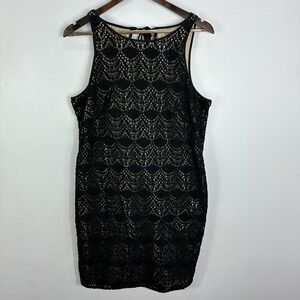 LOFT Crochet Knit Sheath Dress Women 12 Black Lined Sleeveless Keyhole Party